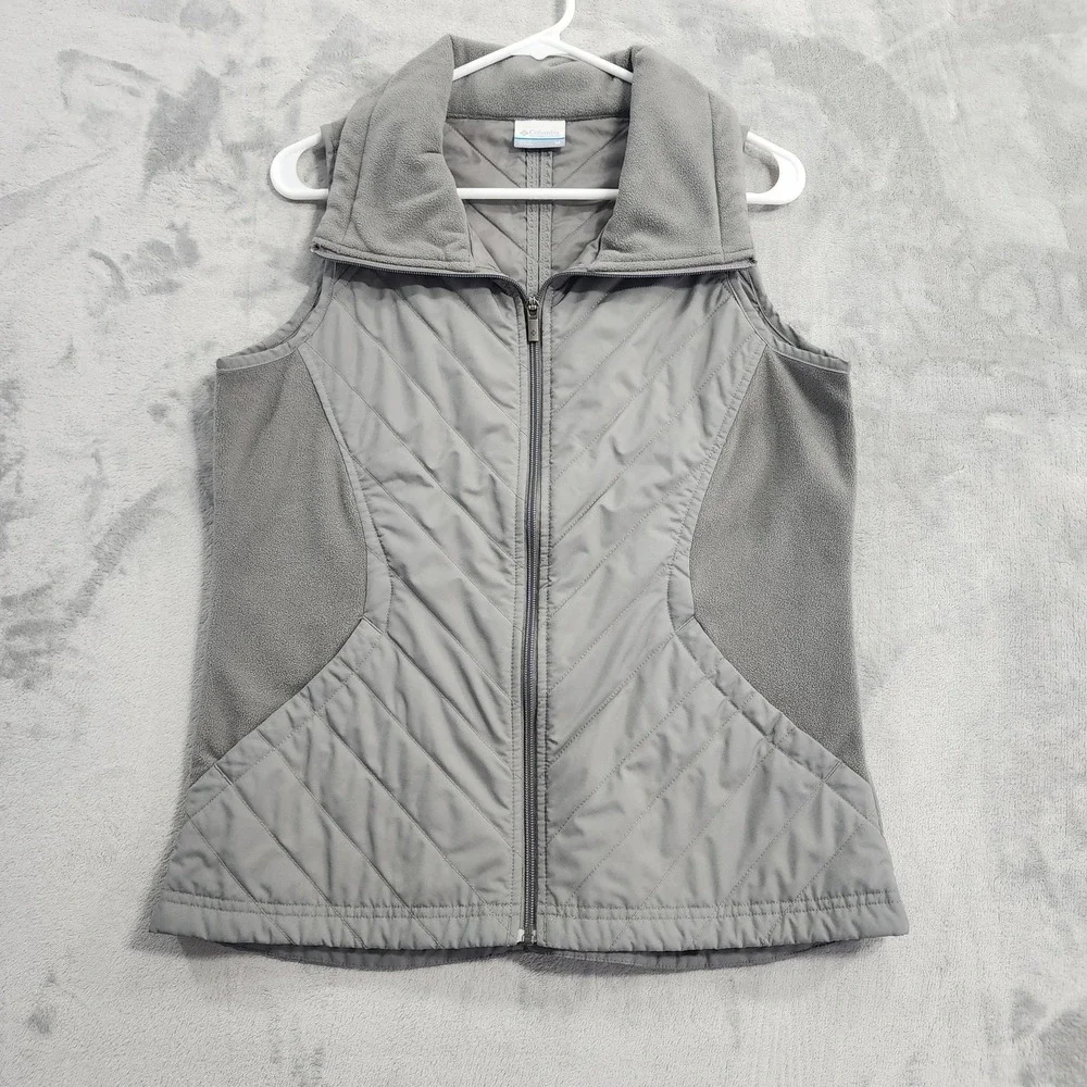 Columbia Vest Womens‎ M Gray Quilted Fleece Full Zip Collared Pockets Casual